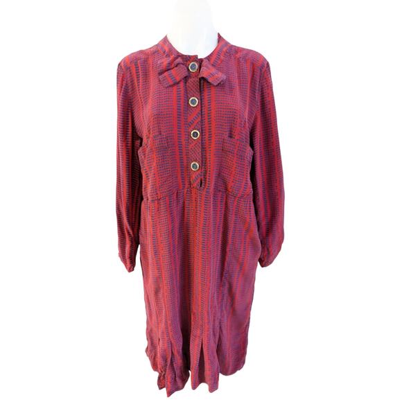 Vintage Baron Peters XL Bow Shirt Dress Red Blue Striped Long Sleeves Pockets - Picture 1 of 10